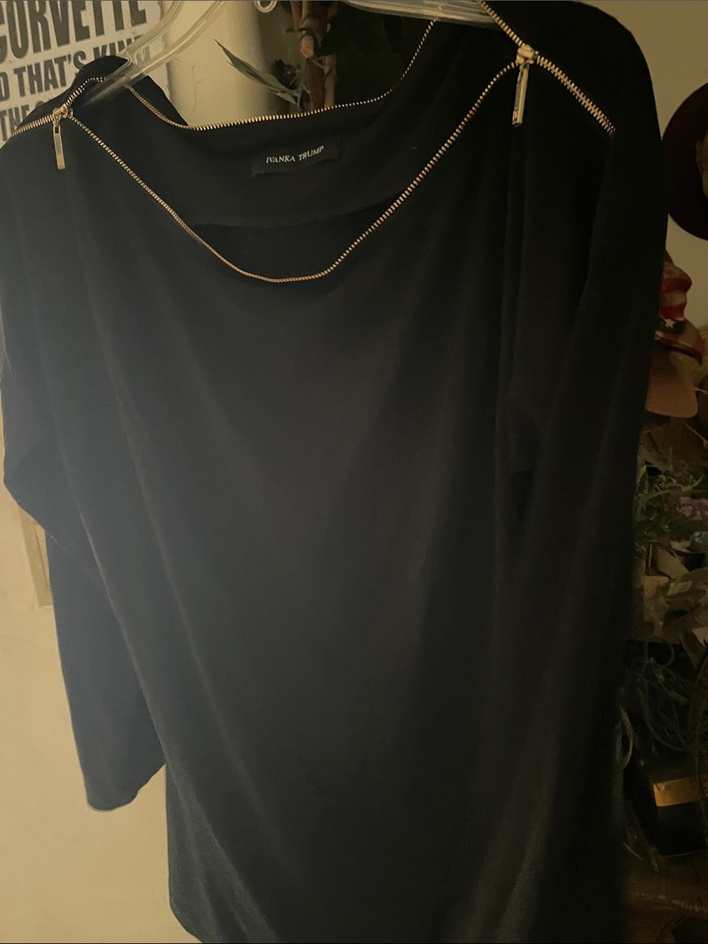 Ivanka Trump Black Long-Sleeve Top with Gold Zipper Trim